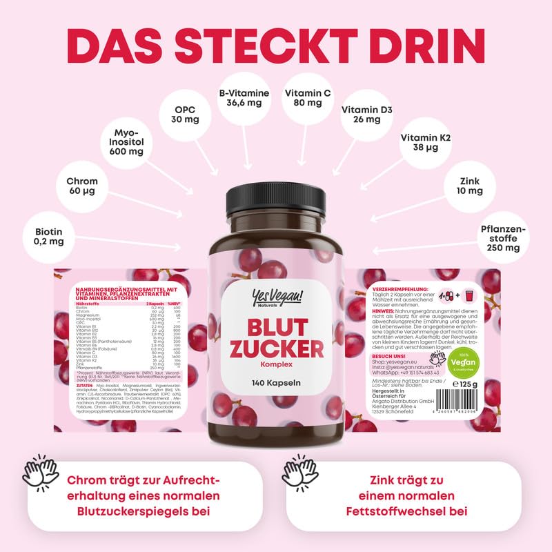 Complesso di zucchero nel sangue - 140 capsule di zucchero nel sangue - micronutrienti su misura per i diabetici - con estratto di semi di uva OPC. Cromo. Magnesio - vegano