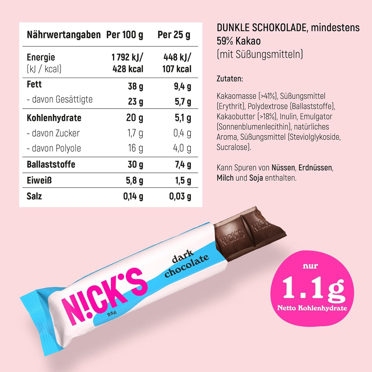 Nicks Barras de ceto veganos de chocolate negro sin azúcar agregada, 107 kcal, 1.1g carbohidratos netos, dulces bajos en carbohidratos, barra de bocadillos sin gluten (15x25 g)