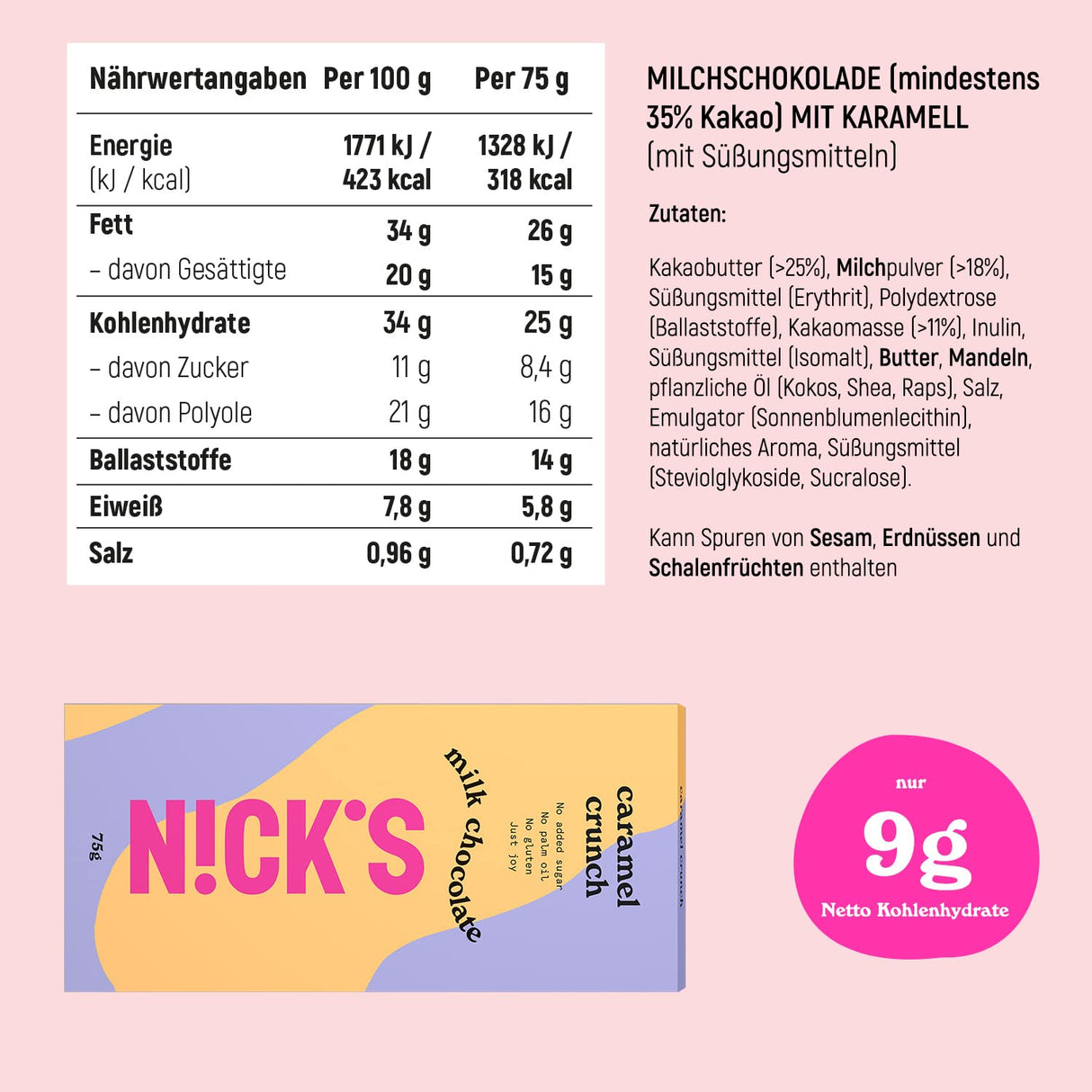 Nicks Milk Chocolate Caramel Crunch No aggiunto zucchero, senza glutine, a basso contenuto di carboidrati, nessun olio di palma, barrette di cioccolato cheto (3x75G)