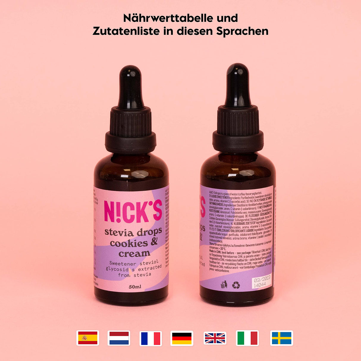 Nicks Stevia Liquid Cookies & Cream Sala Drops (50 ml) Keto Sugar Schemolente senza calorie, sostituto dello zucchero a basso contenuto di carboidrati, dolcificante, dolcificante liquido, alternativa allo zucchero, dolcificante con pipetta