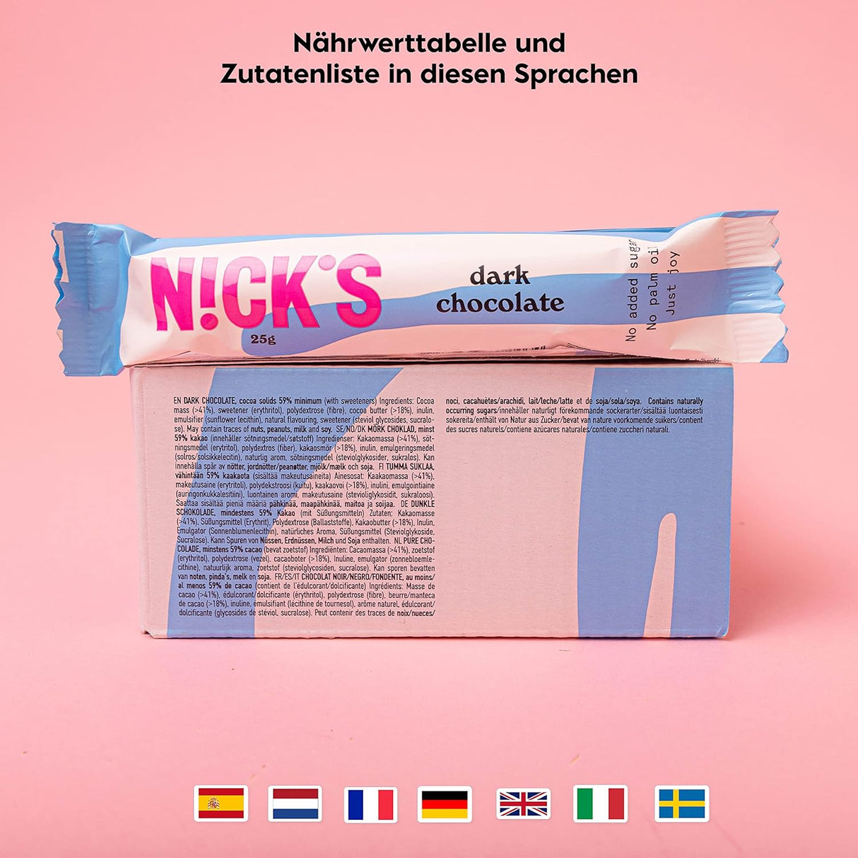 Nicks Barras de ceto veganos de chocolate negro sin azúcar agregada, 107 kcal, 1.1g carbohidratos netos, dulces bajos en carbohidratos, barra de bocadillos sin gluten (15x25 g)