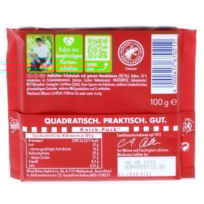 Ritter Sport Mørk med hel nød 100 g